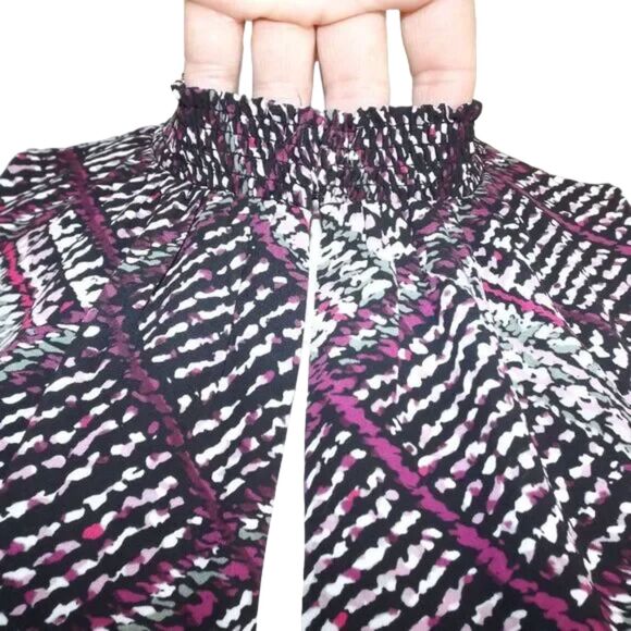 WHBM Dress, M, Smocked Neck/Keyhole, Sleeveless, Black/Purple-White Geometric - Picture 4 of 14